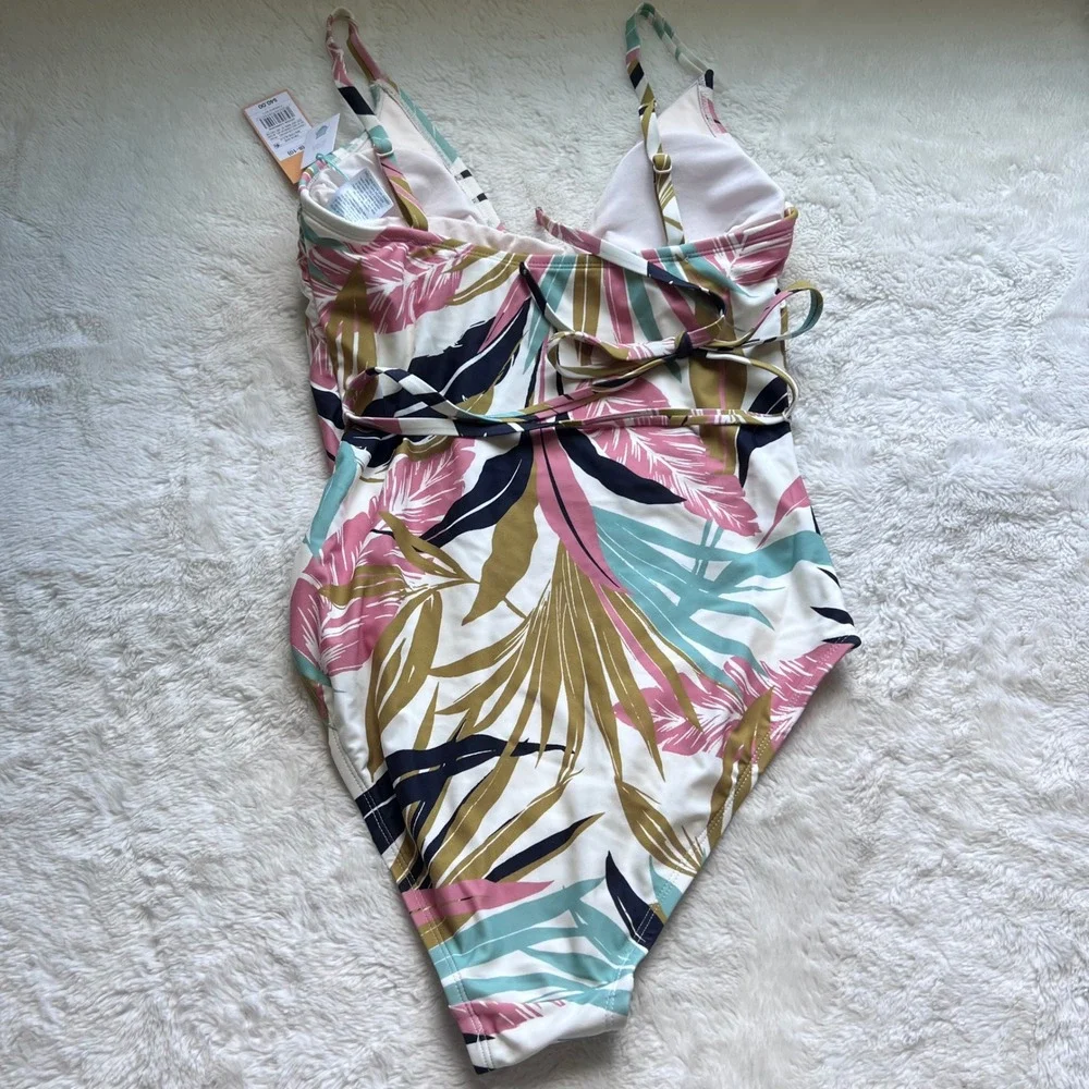 Kona Sol Womens Tropical Palm Leaf Lace Up One Piece Swimsuit Multi Color M 8-10
